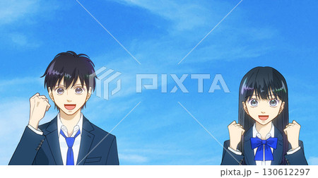 広がる青空、ガッツポーズをする高校生または中学生の男女のアニメ風イラスト 広がる青空、ガッツポーズをする高校生または中学生の男女のアニメ風イラスト 130612297