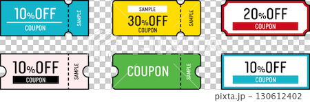 Discount coupons and tickets available for use in shops and stores. Color icon illustrations. 130612402