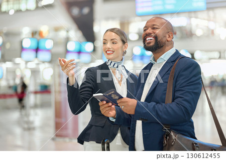 Woman, help or black man in an airport with a passport to travel asking for a gate agent for directions. Airplane, hospitality or friendly worker helping an African businessman with a happy smile Woman, help or black man in an airport with a passport to travel asking for a gate agent for directions. Airplane, hospitality or friendly worker helping an African businessman with a happy smile 130612455