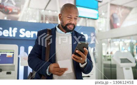 Travel, email and black man with phone and ticket for information, communication and airport passport. Chat, connection and African traveler reading conversation on a mobile while on a trip for work Travel, email and black man with phone and ticket for information, communication and airport passport. Chat, connection and African traveler reading conversation on a mobile while on a trip for work 130612458