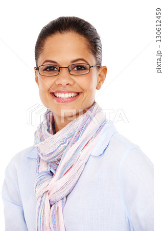 Glasses, secretary and portrait of a woman with a smile isolated on a white background in studio. Happiness, receptionist and face of a smart young person or model with eyewear for vision Glasses, secretary and portrait of a woman with a smile isolated on a white background in studio. Happiness, receptionist and face of a smart young person or model with eyewear for vision 130612459