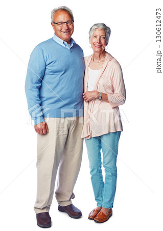 Happy couple, senior with marriage and retirement together in portrait with commitment in relationship isolated on white background. Happiness with old man, elderly woman and life partnership 130612473