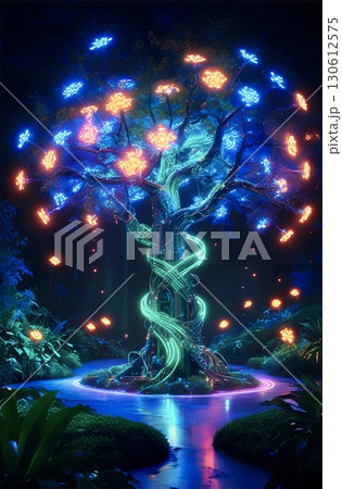 green tree in the night forest green tree in the night forest 130612575