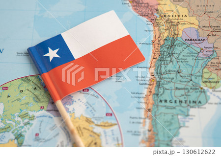 Bangkok, Thailand December 7, 2023, Chile flag on world map. Bangkok, Thailand December 7, 2023, Chile flag on world map. 130612622