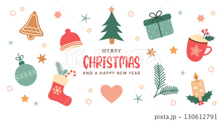 cute christmas greeting card with decoration winter elements isolated vector illustration cute christmas greeting card with decoration winter elements isolated vector illustration 130612791