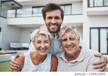 Family, happy portrait and new home for property real estate, happiness together and retirement lifestyle. Senior parents smile, son and hug for moving, homeowner and relax bonding for love outdoor 130612903