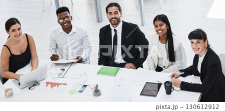 Business people, team and happiness portrait for planning finance report, sales presentation or financial management. Teamwork, happy corporate meeting and startup reports analysis for target goals Business people, team and happiness portrait for planning finance report, sales presentation or financial management. Teamwork, happy corporate meeting and startup reports analysis for target goals 130612912