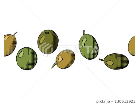 Elegant Olive berry seamless horizontal border. Vector graphic line ink colored illustration. For poster, flyer, banner, invitation, social media, party or sale web, package, sticker. 130612923