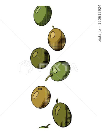 Elegant Olive berry seamless vertical border. Vector graphic line ink colored illustration. For poster, flyer, banner, invitation, social media, party or sale web, package, sticker. 130612924