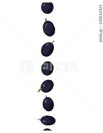 Olive line endless border. Olive black berry seamless vertical border. Vector graphic line ink colored illustration. Mediterranean farm Minimal linear pattern for oil design, food background. 130612925