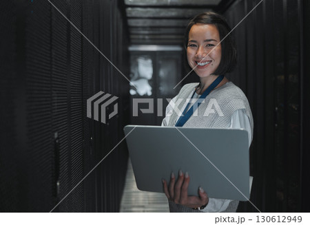 Woman with laptop, server room and information technology, smile in portrait with engineer and datacenter Software update, cybersecurity and network with Asian female setting up firewall and database Woman with laptop, server room and information technology, smile in portrait with engineer and datacenter Software update, cybersecurity and network with Asian female setting up firewall and database 130612949