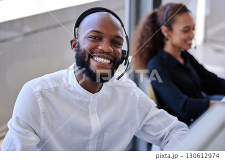Black man, call center and office portrait with smile, communication and customer service. Happy crm expert, contact us and telemarketing agent with voip tech, talking and consulting job with woman Black man, call center and office portrait with smile, communication and customer service. Happy crm expert, contact us and telemarketing agent with voip tech, talking and consulting job with woman 130612974