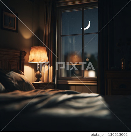 ベッドサイドランプと窓辺の夜景 ベッドサイドランプと窓辺の夜景 130613002
