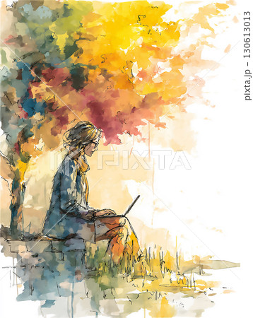 秋の風景でノートパソコンを使う女性のイラスト 130613013