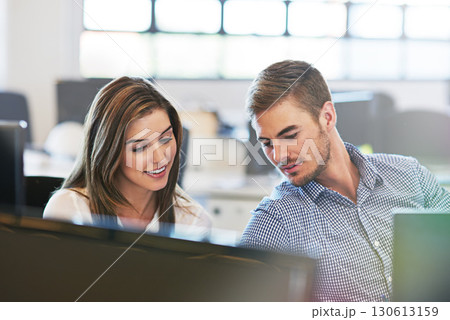 Business people, collaboration and discussion for idea, strategy or conversation together at the office. Man and woman employee workers on computer and sharing ideas for project plan at the workplace 130613159