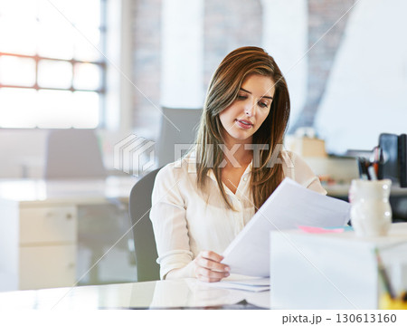 Business, research documents and woman reading survey, administration for office project or market research. Contract, creative startup, and manager with paperwork, sales report or performance review 130613160