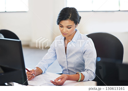 Business, documents and woman writing schedule for office project or market research at creative startup. Thinking, data and manager with survey, sales report analysis or performance target review. Business, documents and woman writing schedule for office project or market research at creative startup. Thinking, data and manager with survey, sales report analysis or performance target review. 130613161