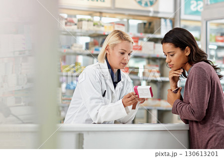Consulting customer and focus of store pharmacist at counter for expert help and customer service. Pharmaceutical advice and opinion of worker helping girl with medicine information at pharmacy. 130613201