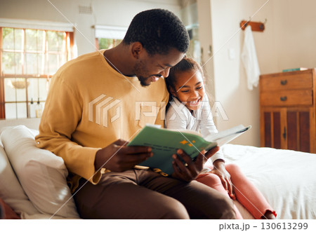 Father storytelling, child reading and family love for language learning and bonding in bedroom. Happy people, dad and smart girl with book for creative support, education help and home teaching Father storytelling, child reading and family love for language learning and bonding in bedroom. Happy people, dad and smart girl with book for creative support, education help and home teaching 130613299