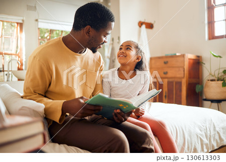 Black family, dad reading book to child for learning, support and language development, bonding in bedroom. Happy people, father and girl love with creative storytelling, education or home teaching 130613303