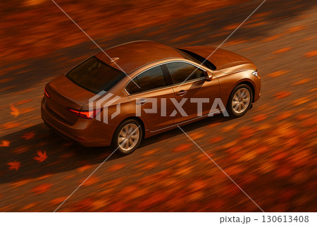 秋風に紅葉を散らし疾走するブロンズセダン車「AI生成画像」 130613408