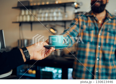 Coffee, service and hands of people at a cafe for a drink, breakfast or lunch. Business, waiter and person giving an espresso order to a customer at a cafeteria while working at a restaurant 130613446