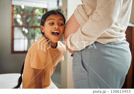 Pregnant, family and excited with a girl listening to the belly of her mother while bonding in the bedroom of their home. Kids, mom and pregnancy with a daughter hearing the stomach of her mama 130613453