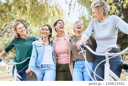 Happy senior woman, friends and laughing in joyful happiness enjoying fun time together at the park. Group of elderly women bonding and sharing joke, laugh or walking and cycling in the outdoors Happy senior woman, friends and laughing in joyful happiness enjoying fun time together at the park. Group of elderly women bonding and sharing joke, laugh or walking and cycling in the outdoors 130613481