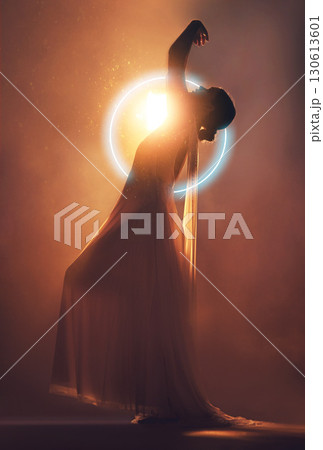 Orange lighting, art deco and silhouette of woman with neon circle for creative, fantasy and beauty. Dance, aesthetic and shadow of angel or goddess for dream, magic and freedom in glowing studio Orange lighting, art deco and silhouette of woman with neon circle for creative, fantasy and beauty. Dance, aesthetic and shadow of angel or goddess for dream, magic and freedom in glowing studio 130613601