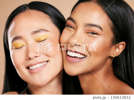Makeup, happy and women face portrait with skincare glow for diversity of skin and cosmetic self care. Smiling, dermatology and spa treatment for friends or models isolated against studio background 130613652