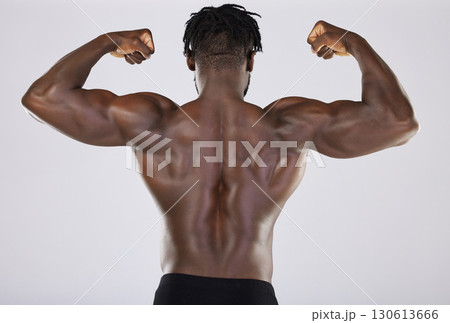 Flexing, arms and back of a black man with muscle isolated on a grey studio background. Fitness, sexy and strong body of an African bodybuilder showing strength from gym exercise on a backdrop 130613666
