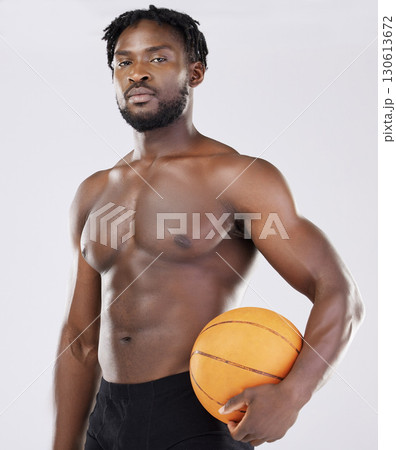Sports person, fitness and basketball portrait of black man with orange ball for training exercise. Athlete model with strong muscle to train, workout and start competition for health and wellness 130613672