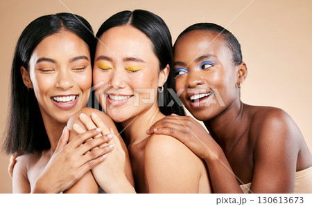 Women, makeup and face skincare wellness, cosmetics dermatology and closed eyes in brown background studio. Young model support, diversity happiness and luxury spa treatment for natural glowing skin 130613673