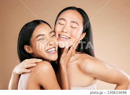 Diversity, skincare or women smile with beauty or natural glow relaxing while isolated on studio background. Happy, faces or beautiful girl models with dermatology cosmetics or facial products 130613696