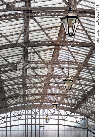 The vintage iron glass roof with Lamps on the ceiling of Windsor Royal Shopping complex. 130613741