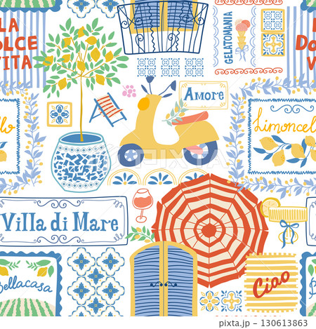 Italian city collage seamless pattern. Vector Mediterranean summer mosaic print. Cute la dolce vita background 130613863