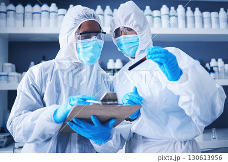 Teamwork, blood checklist or doctors in lab with notebook for research, medical exam or sample analysis. Healthcare, biotechnology or scientist for medicine checklist, covid results or vaccine report 130613956
