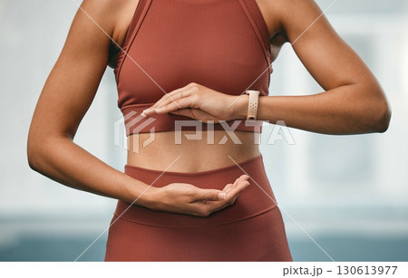 Fitness, woman and hands in tai chi training, spiritual exercise or yoga for healthy mind and body at the gym. Female holding ball of energy in practice for healing, chakra or balance for wellness 130613977