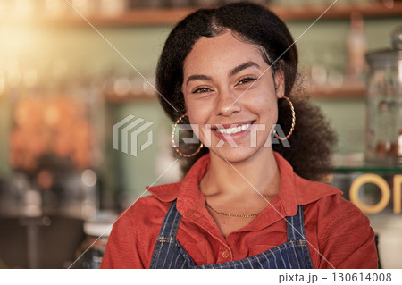 Face portrait, cafe waiter and black woman ready to take orders. Coffee shop, barista and confident, happy and proud young female employee from Brazil, worker or small business owner of cafeteria. Face portrait, cafe waiter and black woman ready to take orders. Coffee shop, barista and confident, happy and proud young female employee from Brazil, worker or small business owner of cafeteria. 130614008