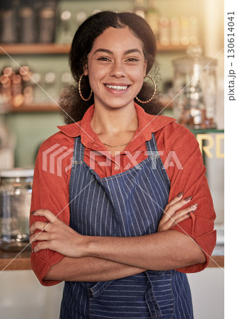 Portrait, cafe barista and woman with arms crossed ready to take your order. Coffee shop, waiter and confident, happy and proud young female waitress from Brazil or small business owner of cafeteria. Portrait, cafe barista and woman with arms crossed ready to take your order. Coffee shop, waiter and confident, happy and proud young female waitress from Brazil or small business owner of cafeteria. 130614041