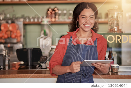 Portrait, restaurant waiter and woman with tablet to manage orders, inventory and stock check. Coffee shop barista, technology and happy female waitress holding digital touchscreen for managing sales Portrait, restaurant waiter and woman with tablet to manage orders, inventory and stock check. Coffee shop barista, technology and happy female waitress holding digital touchscreen for managing sales 130614044