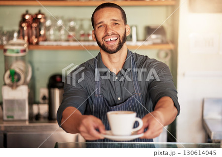 Coffee, cafe and portrait of barista with cup in small business. Restaurant, cappuccino and waiter, man and hands of server holding fresh and delicious mug of caffeine or espresso in shop or store. 130614045