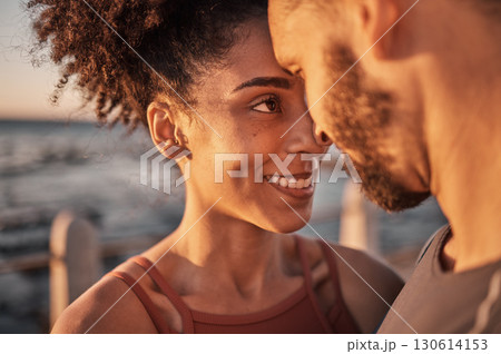 Black couple, smile and hug with forehead embracing relationship, compassion or love and care by the beach. Happy man and woman touching heads smiling in happiness for support, trust or romance 130614153