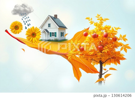 Bright autumn leaf holding house with sun and flower 130614206