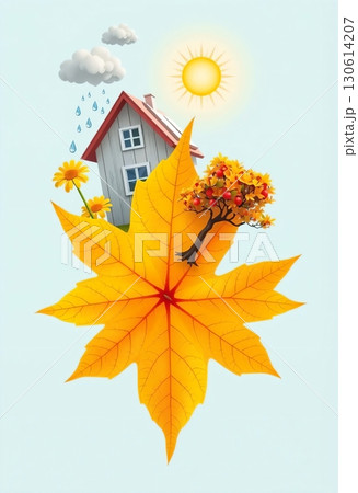 Bright autumn leaf holding house with sun and flower Bright autumn leaf holding house with sun and flower 130614207