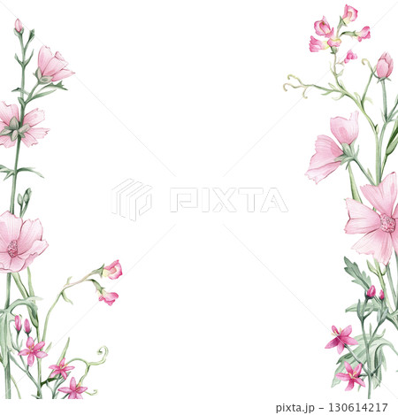 Square border or frame with pink wildflowers. Hand drawn watercolor illustration on isolated background. Summer floral pattern for frame or banner with Marshmallow flowers and Mouse Pea Flowers. 130614217