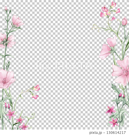 Square border or frame with pink wildflowers. Hand drawn watercolor illustration on isolated background. Summer floral pattern for frame or banner with Marshmallow flowers and Mouse Pea Flowers. 130614217