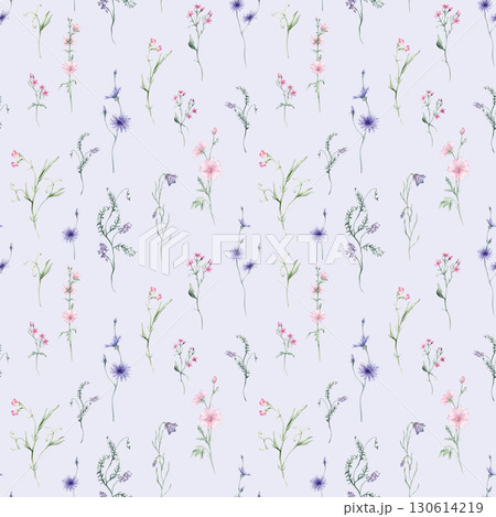 Watercolor seamless pattern with wildflowers on white background - illustration with pink blue purple buds and branches. Prints with Herbs, Marshmallow flowers, bluebell and chicory 130614219