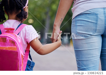 Holding hands, mother and child walking to school, help and care with support outdoor, education for knowledge and growth. Development in childhood, backpack and family, woman with girl and back view 130614221