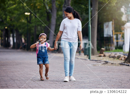 Walking, park and mother holding hands with girl on journey for back to school, learning and class for first day. Love, black family and mom with child walk to kindergarten for education development Walking, park and mother holding hands with girl on journey for back to school, learning and class for first day. Love, black family and mom with child walk to kindergarten for education development 130614222